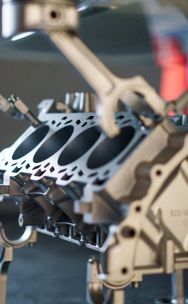 Detailed view of a metal automotive engine block for precision mechanical work.
